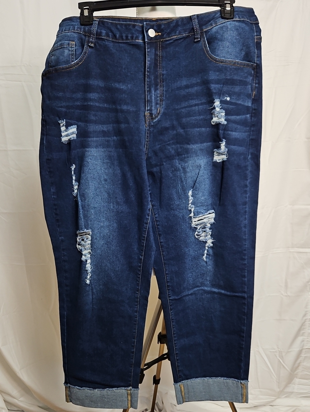 Distressed Ankle Crop Jeans - Dark Blue